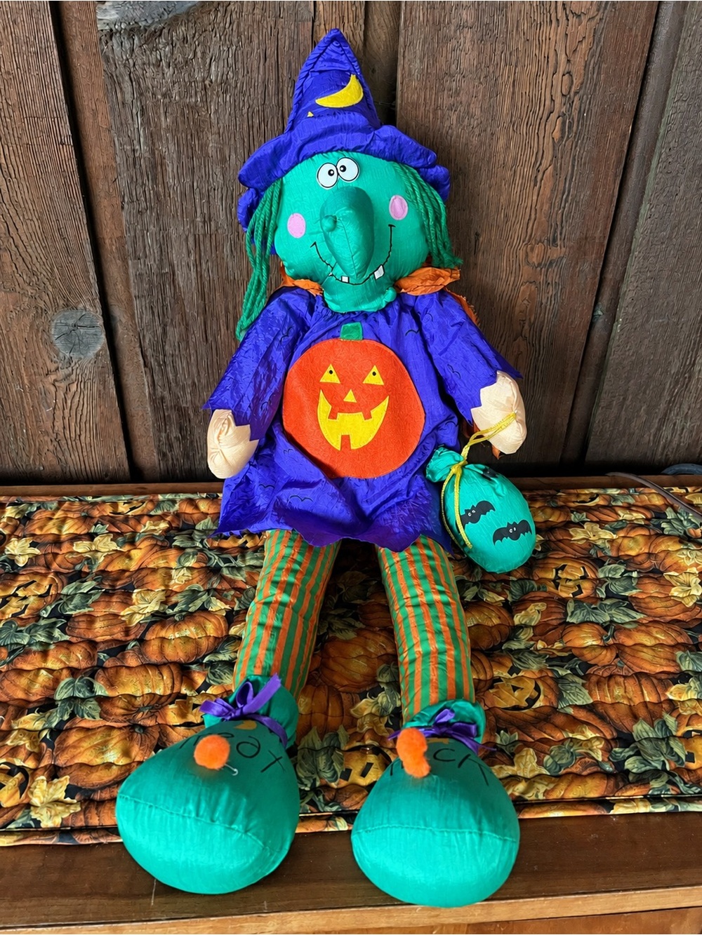 Vintage 1995 Halloween Witch Parachute Plush 27” Pumpkin Doll Decor